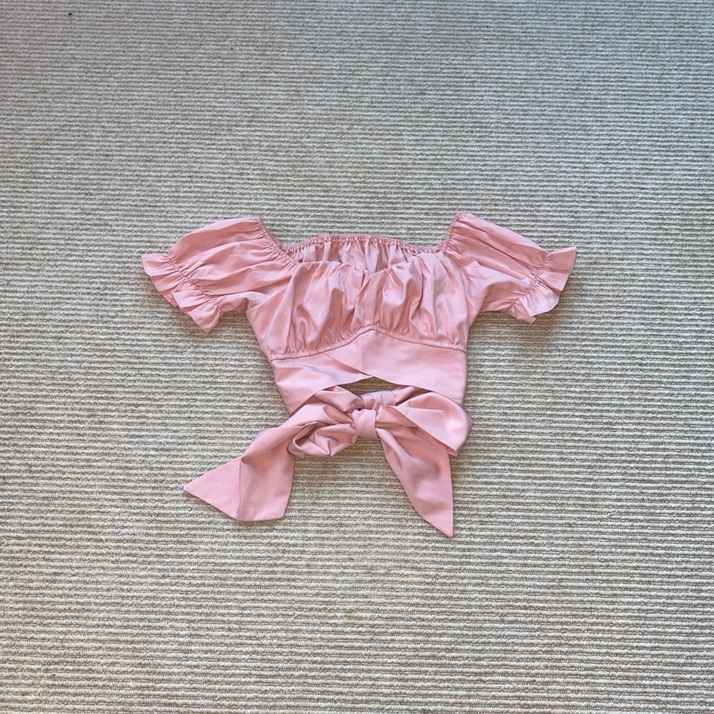 LYANER Ruffle Short Sleeve Tie Up Back Crop Top Off Shoulder Bardot Blouse